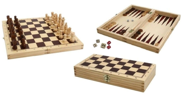 Schach Backgammon Dame Holzkassette 3 in1